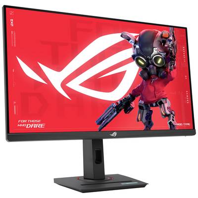 Moniteur de jeu avec un écran rouge et un robot futuriste portant un costume rouge ; logo et texte 'FOR THOSE WHO DARE' visibles.