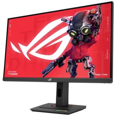Un moniteur gaming avec un design de robot lumineux et futuriste à l'écran. Design marquant en rouge avec logo gaming.