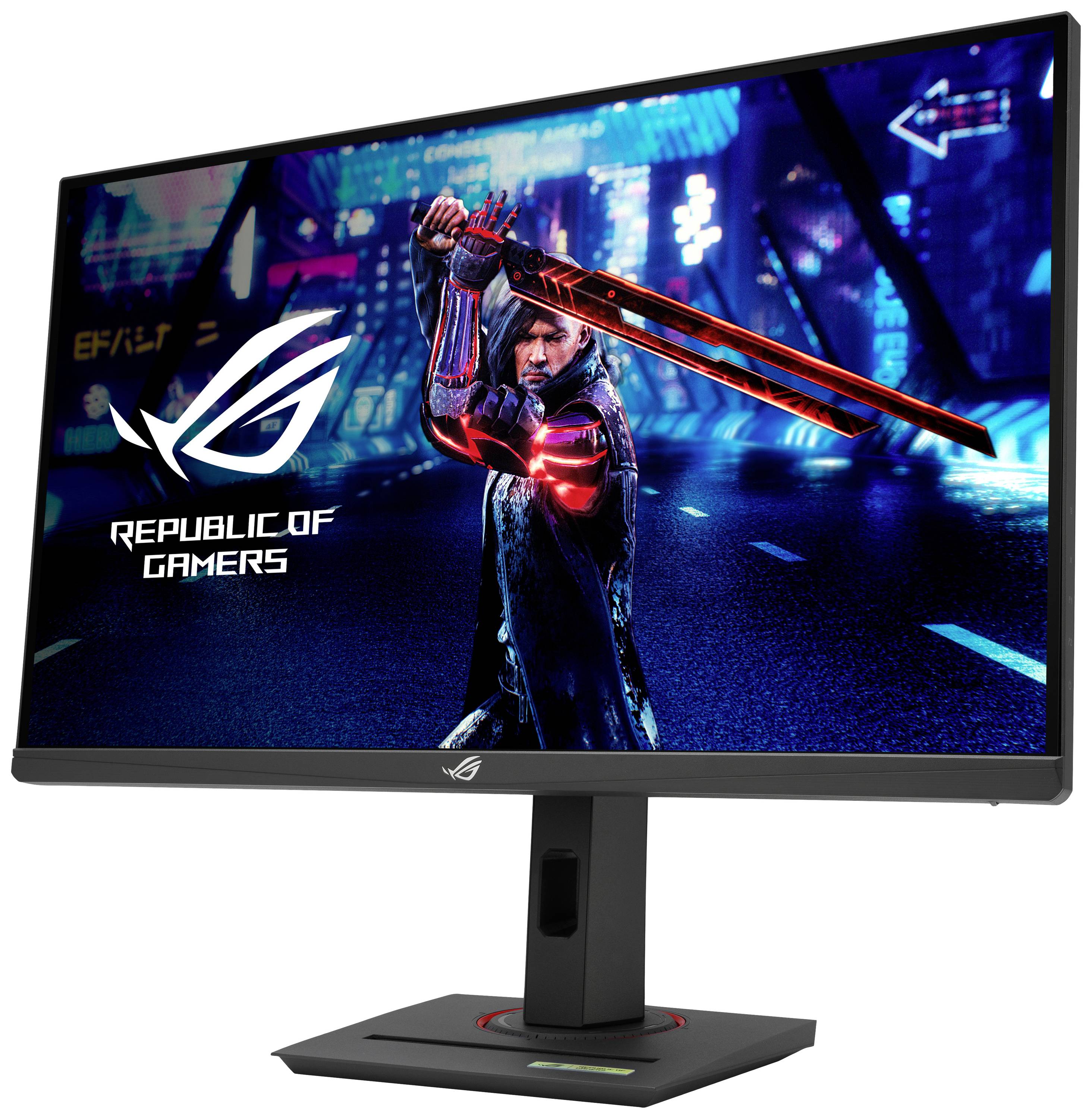 Moniteur de jeu avec éclairage RVB affichant l'image futuriste d'un personnage tenant un sabre laser rouge. Nom de la marque à l'écran.