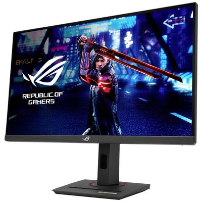 Moniteur de jeu avec éclairage RVB affichant l'image futuriste d'un personnage tenant un sabre laser rouge. Nom de la marque à l'écran.