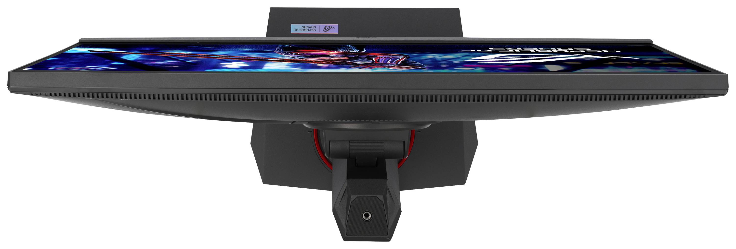 Un moniteur d'ordinateur incurvé vu de dessus, affichant une image lumineuse et colorée. L'écran est doté d'un socle stable.