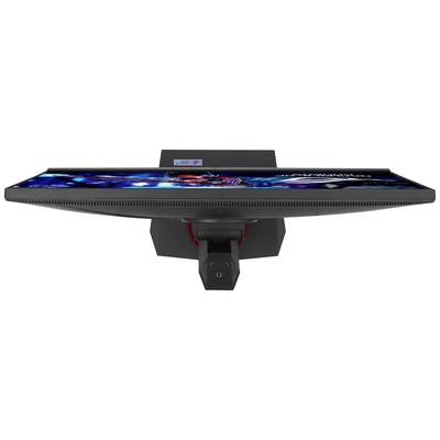 Un moniteur d'ordinateur incurvé vu de dessus, affichant une image lumineuse et colorée. L'écran est doté d'un socle stable.