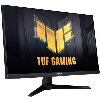 Un moniteur de jeu ASUS TUF avec un cadre noir, affichant un logo lumineux orange à l'écran.
