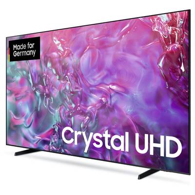 Un téléviseur avec un arrière-plan coloré et abstrait chatoyant. Texte à l'écran : « Made for Germany Crystal UHD ».