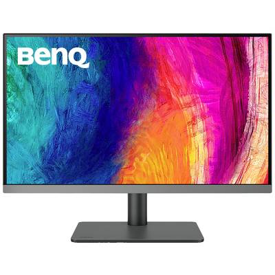 Un écran de BenQ affiche un design abstrait et coloré en bleu, vert, rouge et jaune sur l'écran.