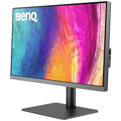 Un écran d'ordinateur BenQ avec un design coloré abstrait et lumineux sur l'écran. Le moniteur est posé sur un support noir.