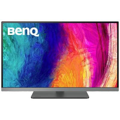 Un moniteur BenQ affiche un motif abstrait aux couleurs vives, avec des zones bleu-vert et rose-orange.