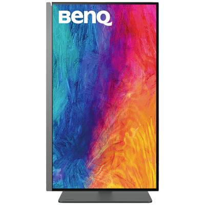 Un moniteur vertical avec un arrière-plan abstrait et coloré en bleu, rouge et orange. En haut à gauche est inscrit 'BenQ'.
