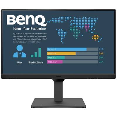 L'écran de moniteur affiche 'Évaluation BenQ pour l'année prochaine' avec une présentation de graphique à barres. Trois produits sont représentés : Produit A 71%, Produit B 56%, Produit C 30%, Produit D 26%. Une carte du monde est en arrière-plan.