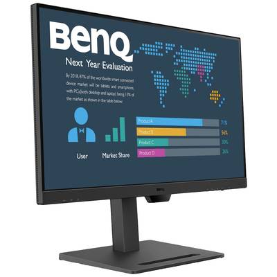 Un écran affiche une diapositive de présentation intitulée 'Évaluation de l'année prochaine'. Une carte du monde et un diagramme à barres montrent les parts de marché de quatre produits : A (71 %), B (56 %), C (30 %), D (14 %).