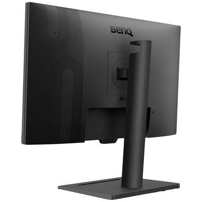 Vue arrière d'un moniteur d'ordinateur noir sur support, avec des connexions de câbles visibles et des détails de motifs à l'arrière.