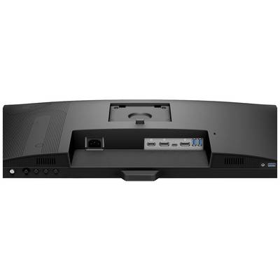 Vue arrière d'un moniteur informatique avec plusieurs ports : port d'alimentation, deux ports HDMI, deux ports USB, un port DisplayPort.