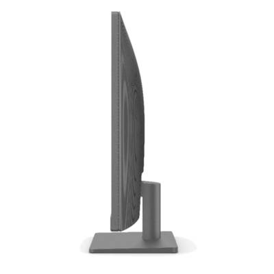 Vue latérale d'un moniteur d'ordinateur moderne et plat, avec un cadre étroit, posé sur un socle stable.