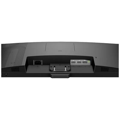 Arrière d'un moniteur avec des connexions : prise d'alimentation à gauche, deux ports HDMI et un DisplayPort au centre, sortie audio à droite.