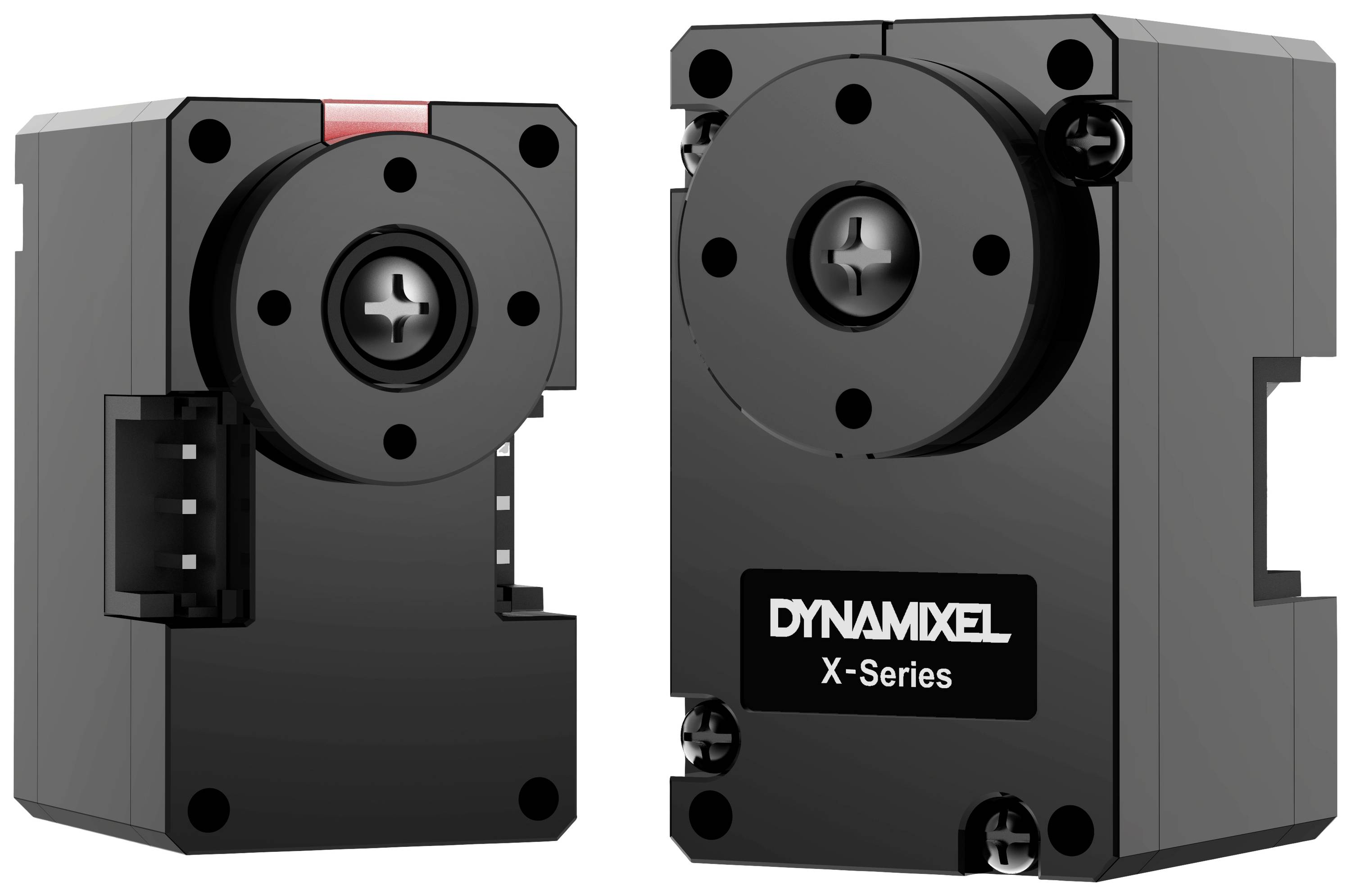 Deux moteurs noirs de la série Dynamixel X, l'un montrant la face avant avec le logo visible, l'autre la face arrière.