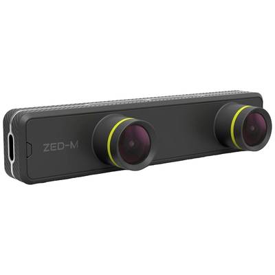 Une caméra stéréo ZED-M équipée de deux objectifs pour la capture de profondeur et l'imagerie 3D. Elle présente un design plat et rectangulaire.