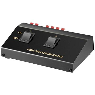 Boîte de commutation noire pour haut-parleurs à 2 voies avec deux interrupteurs à bascule, étiquetés '1' et '2', et portant les mentions 'ON', 'OFF'.