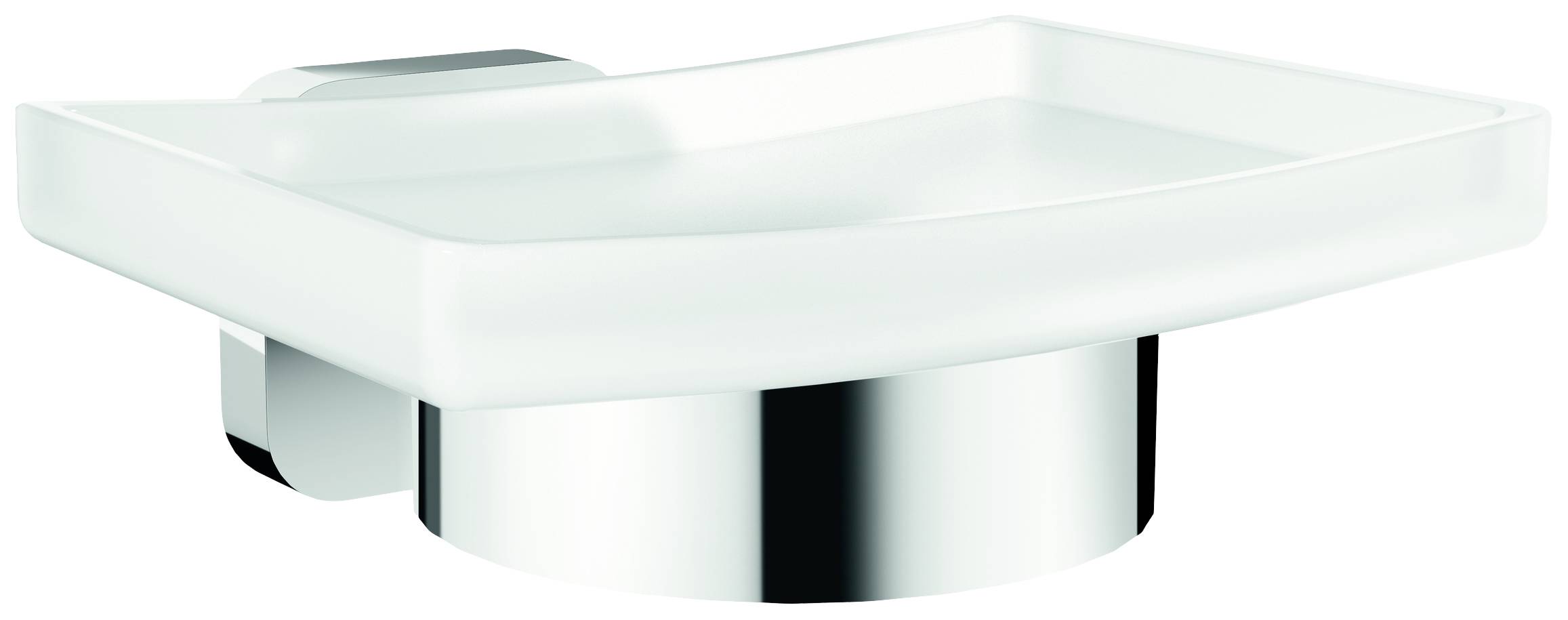 Porte-savon blanc de forme rectangulaire avec support brillant de couleur argentée. Adapté à une fixation murale dans la salle de bain.