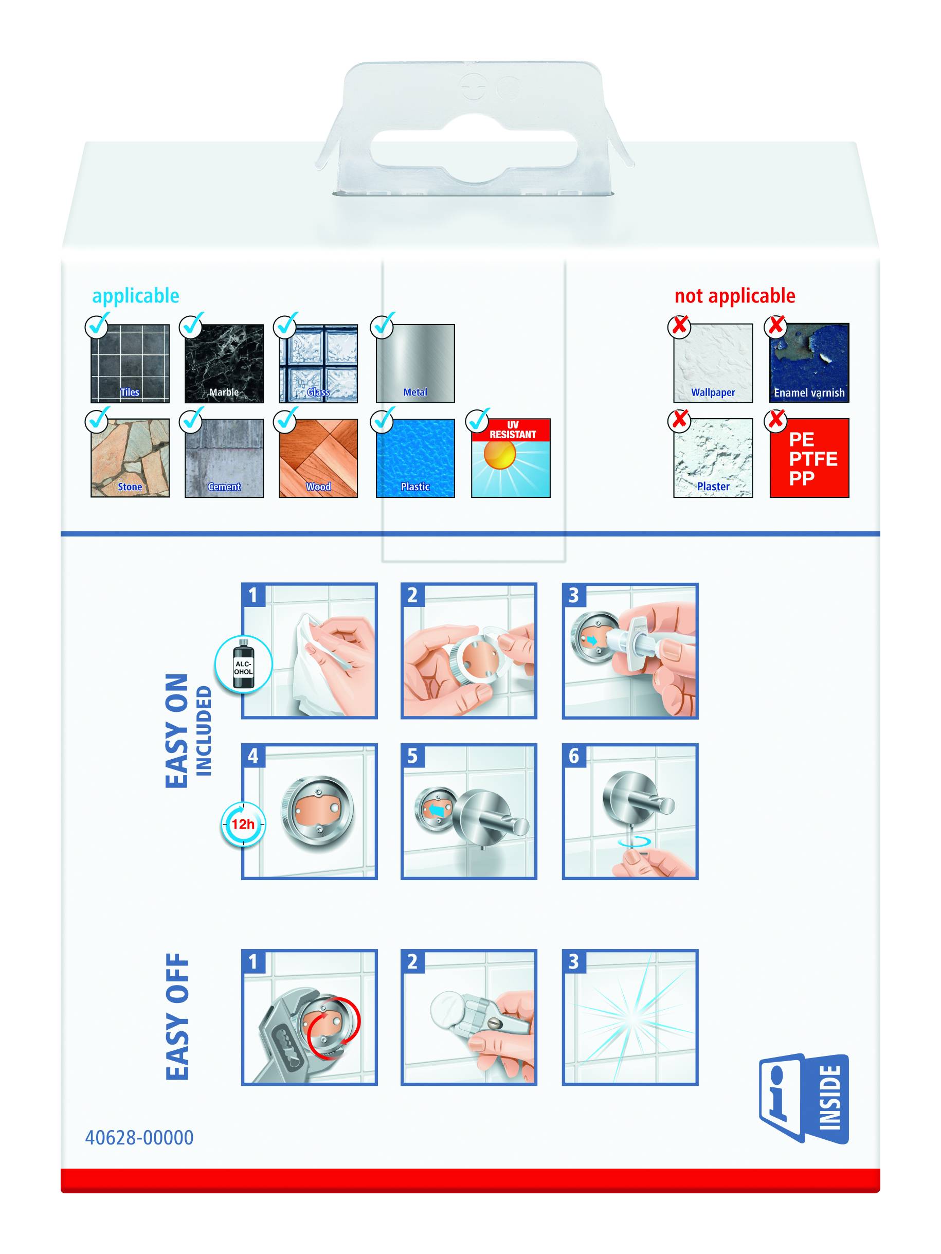 'L'emballage montre les instructions de fixation et de retrait d'un produit. Il contient des symboles pour les surfaces compatibles et incompatibles.'