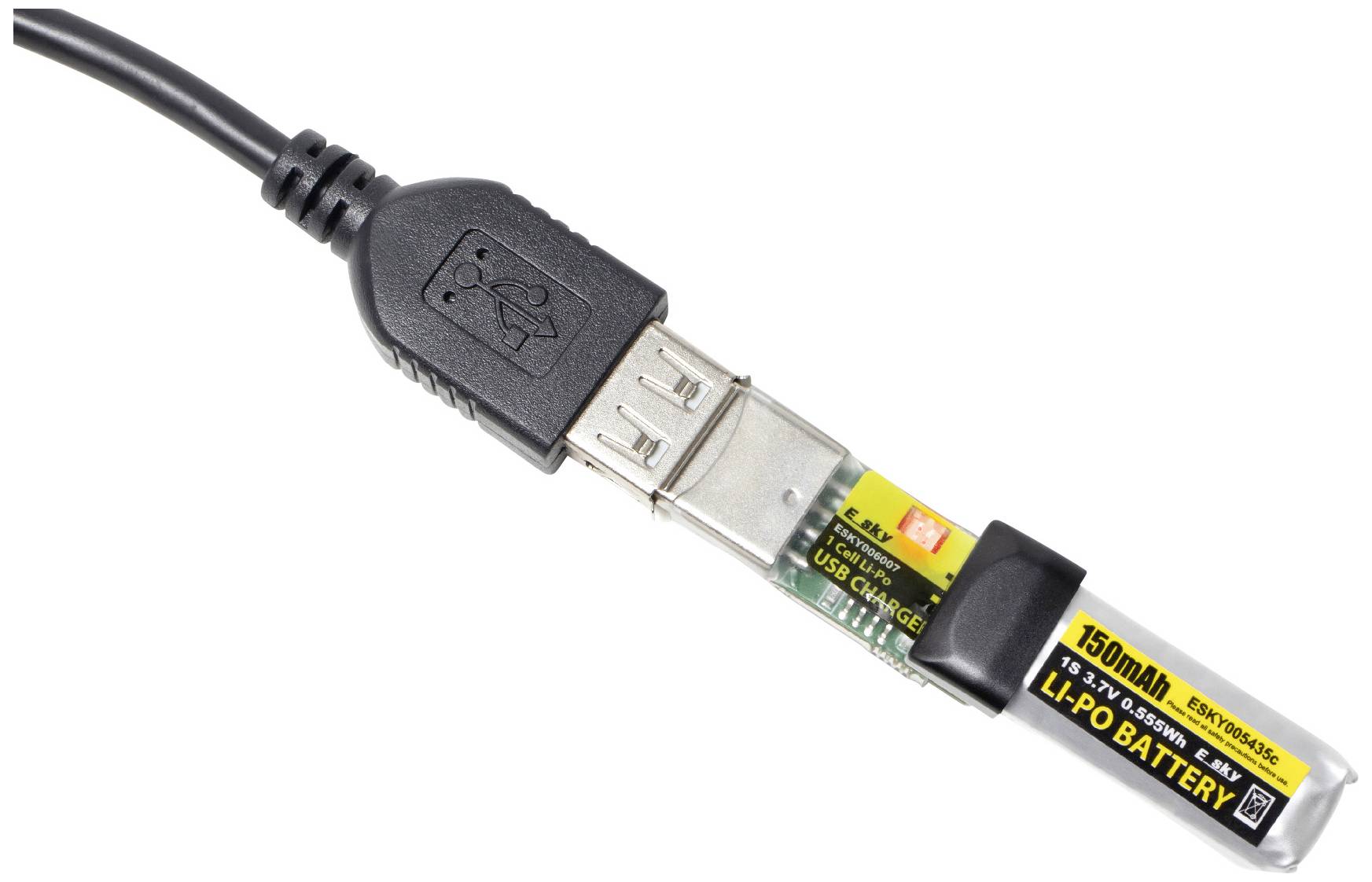 'Chargeur USB connecté à une batterie Li-Po de 150mAh.'