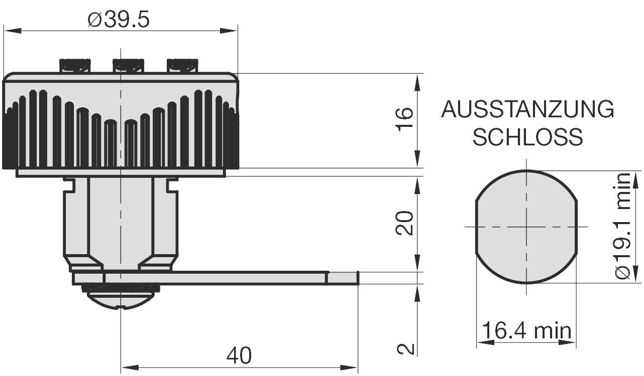 Dessin technique d'un cylindre de serrure avec dimensions. Le diamètre est de 39,5 mm, la longueur totale de 40 mm. À droite : Croquis de l'évidement.
