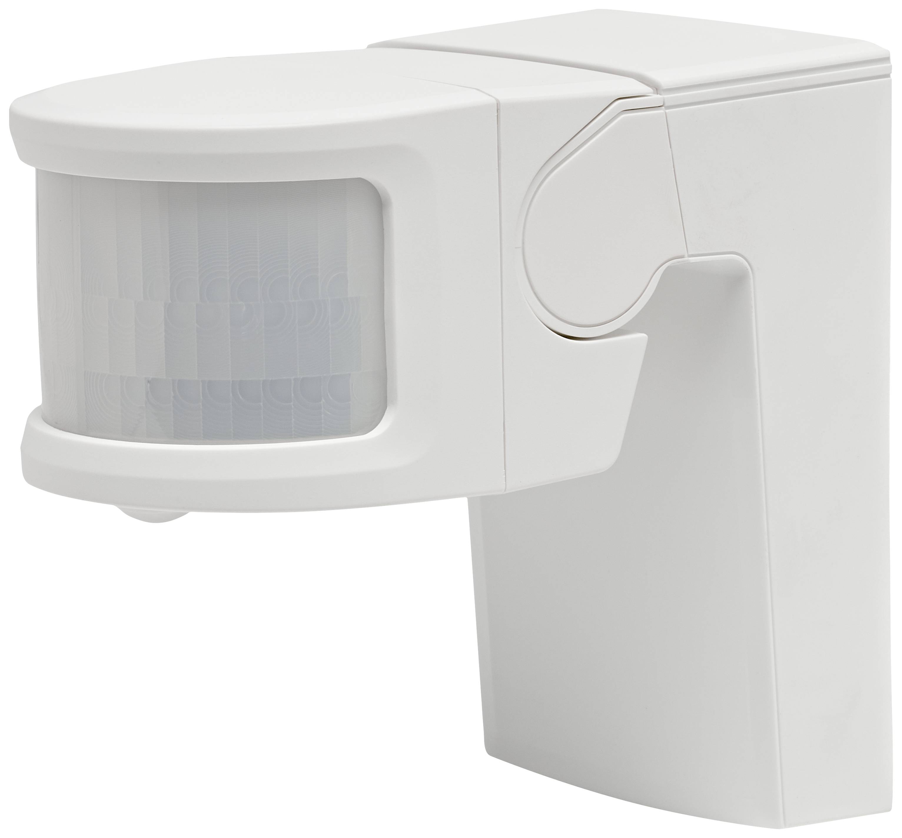 Détecteur de mouvement dans un boîtier blanc avec un capteur rectangulaire monté sur un support.