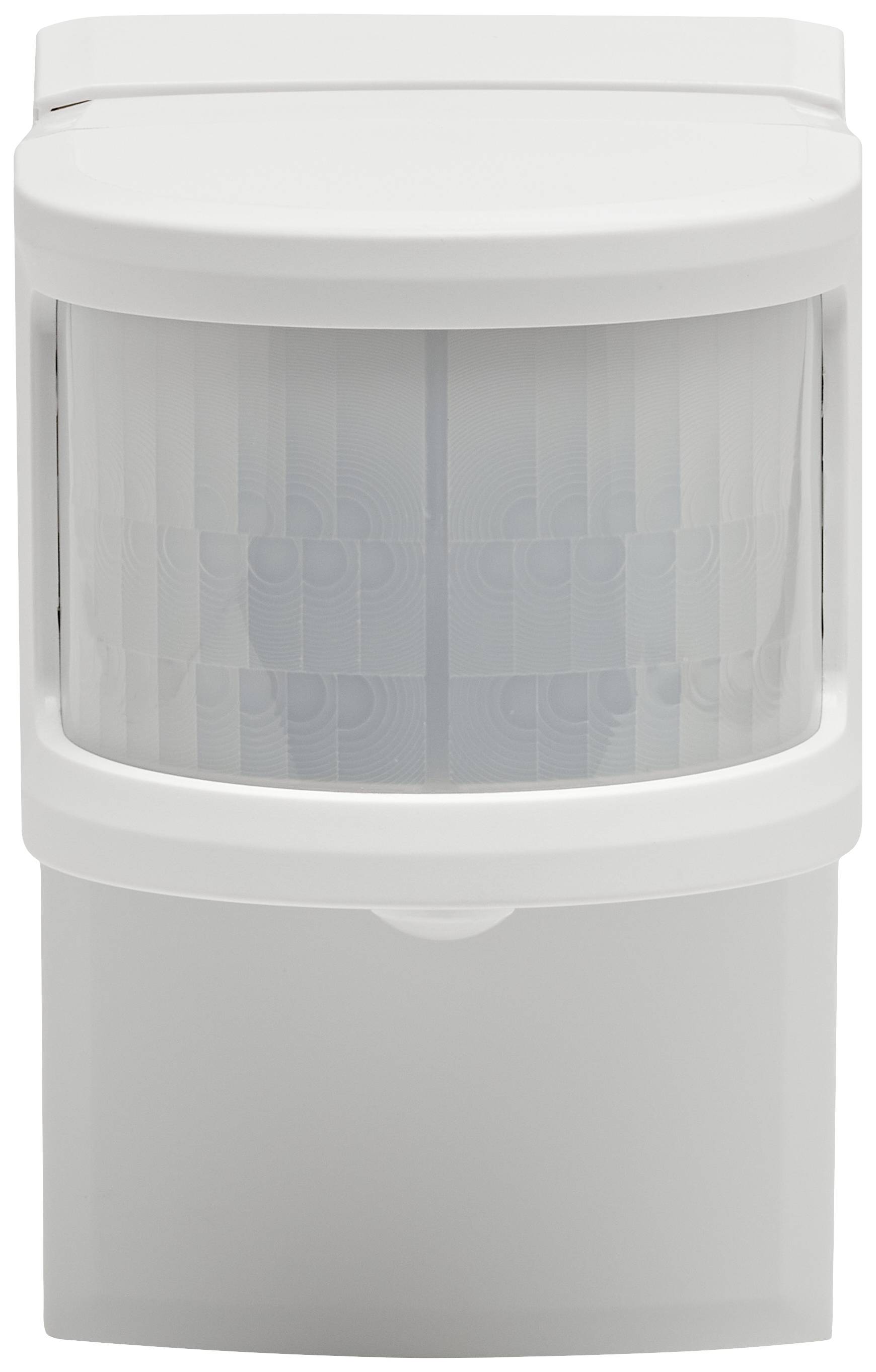 Détecteur de mouvement avec boîtier en plastique blanc et couvercle de capteur strié, éclairé par une lumière ambiante douce.