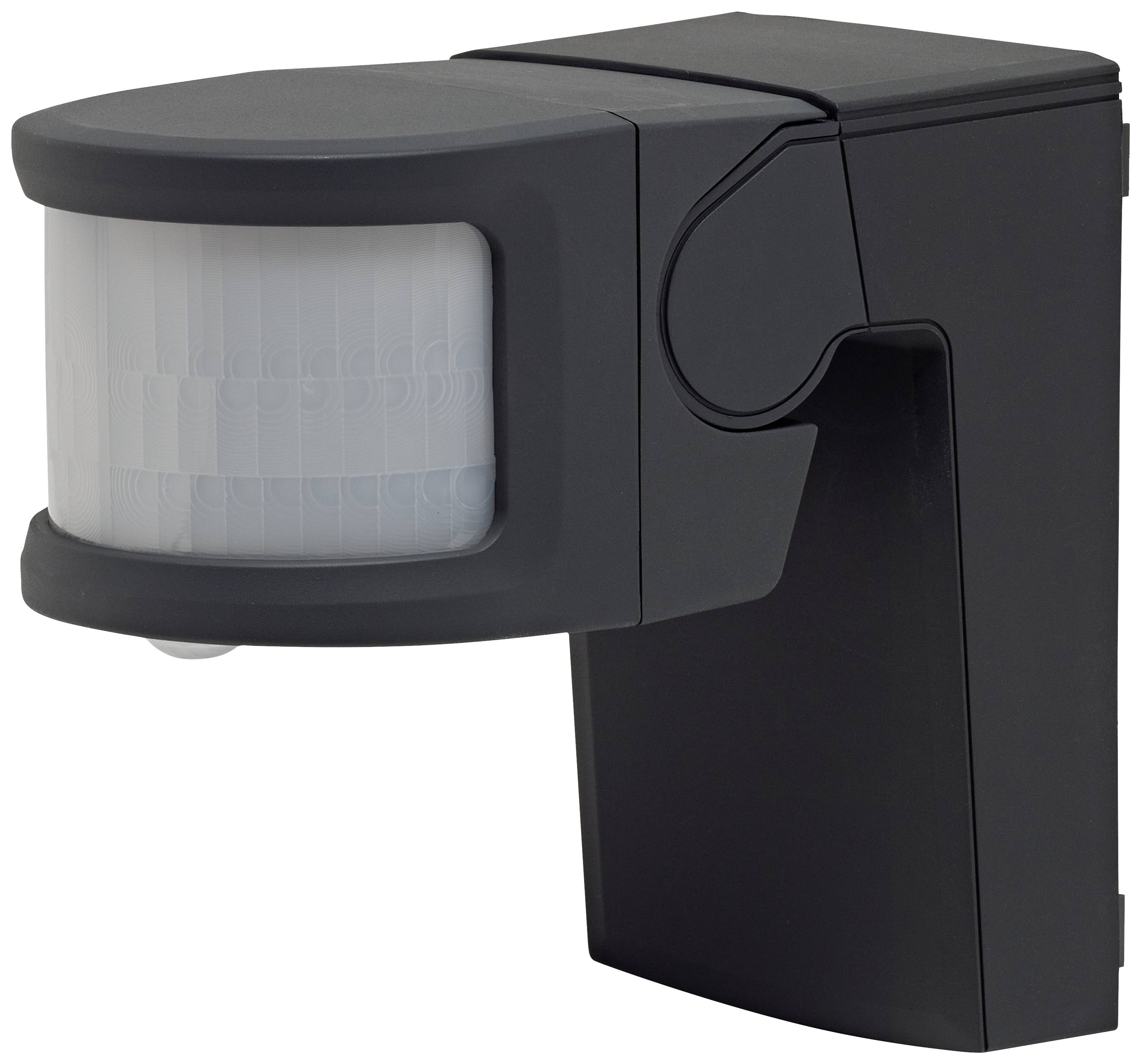 Détecteur de mouvement noir avec capteur incurvé et boîtier rectangulaire, adapté pour une fixation murale.