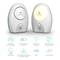 Deux babyphones avec logo de marque, affichages LED et commandes. En dessous, des symboles indiquant la portée, la batterie, le signal et d'autres fonctionnalités.