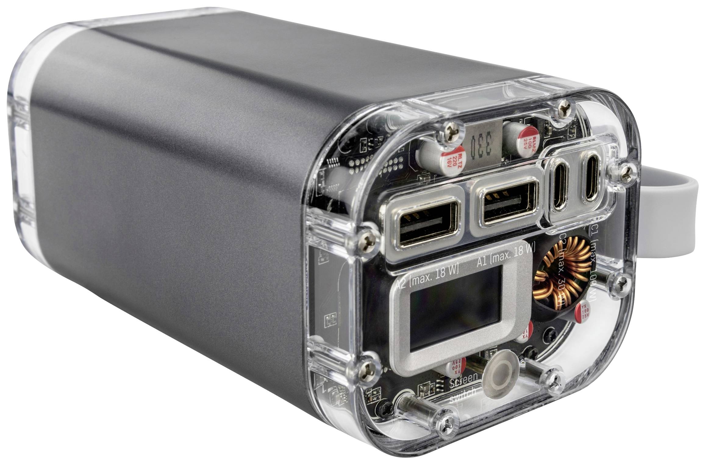 Un chargeur portable doté de plusieurs ports USB et d'un écran numérique affichant la puissance. Adapté à une utilisation polyvalente.