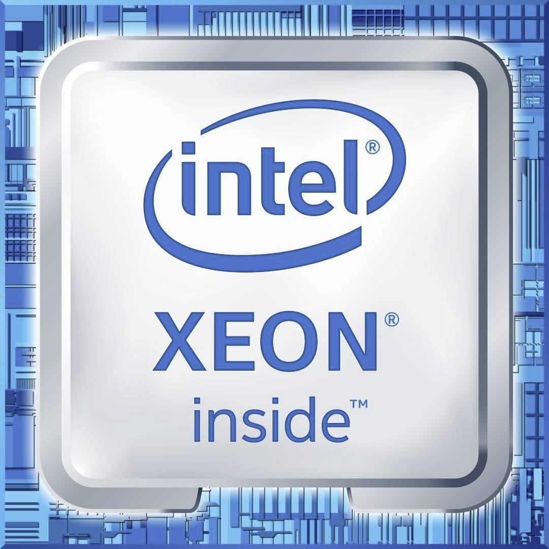 Un logo argenté avec le texte 'intel XEON inside' en bleu sur un fond rappelant un circuit de processeur.