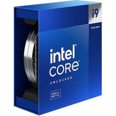 Emballage du processeur Intel Core i9 14e génération en bleu, portant l'inscription 'Déverrouillé' et 'Édition Spéciale'.