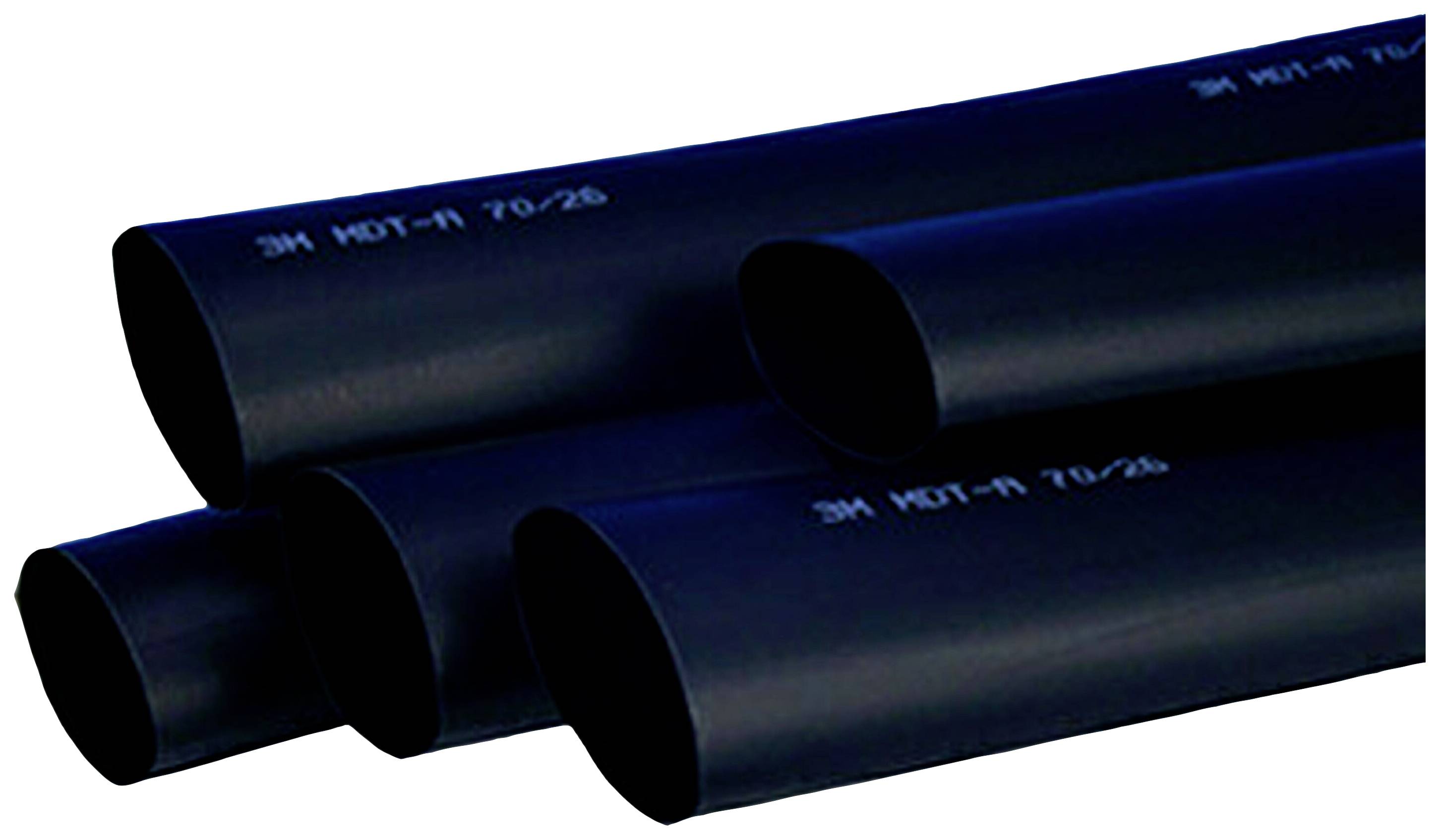 Gaines thermorétractables noires de différentes tailles, disposées côte à côte. Elles sont adaptées pour l'isolation ou la protection des câbles.