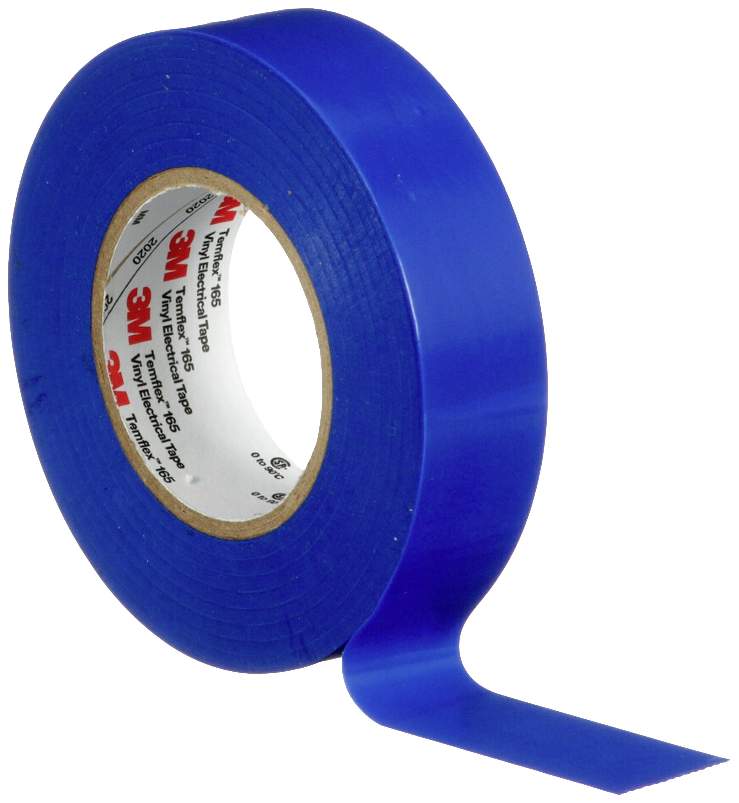 Un rouleau de ruban adhésif bleu avec une bande déroulée. Sur la face intérieure, le logo de la marque est visible en rouge.