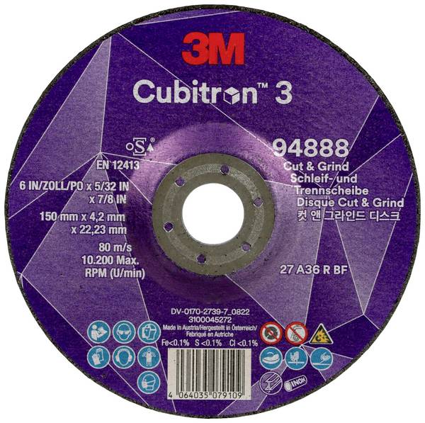 Cubitron 94888 Cubitron™ 3 Cut and Grind Disque à ébarber Diamètre 150 mm Ø de perçage 22.23 mm  10 pc(s)