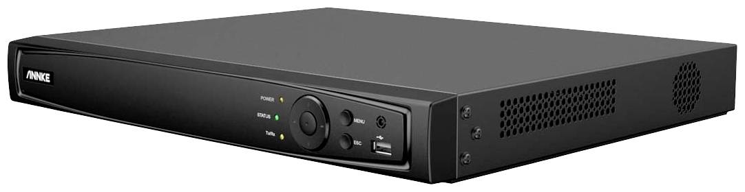 Enregistreur DVR noir avec éléments de contrôle sur la façade, port USB et fentes d'aération sur le côté. Adapté aux systèmes de vidéosurveillance.