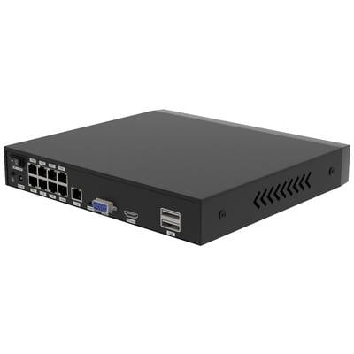 Un switch réseau noir à huit ports Ethernet avec différentes connexions à l'avant, placé sur une table.