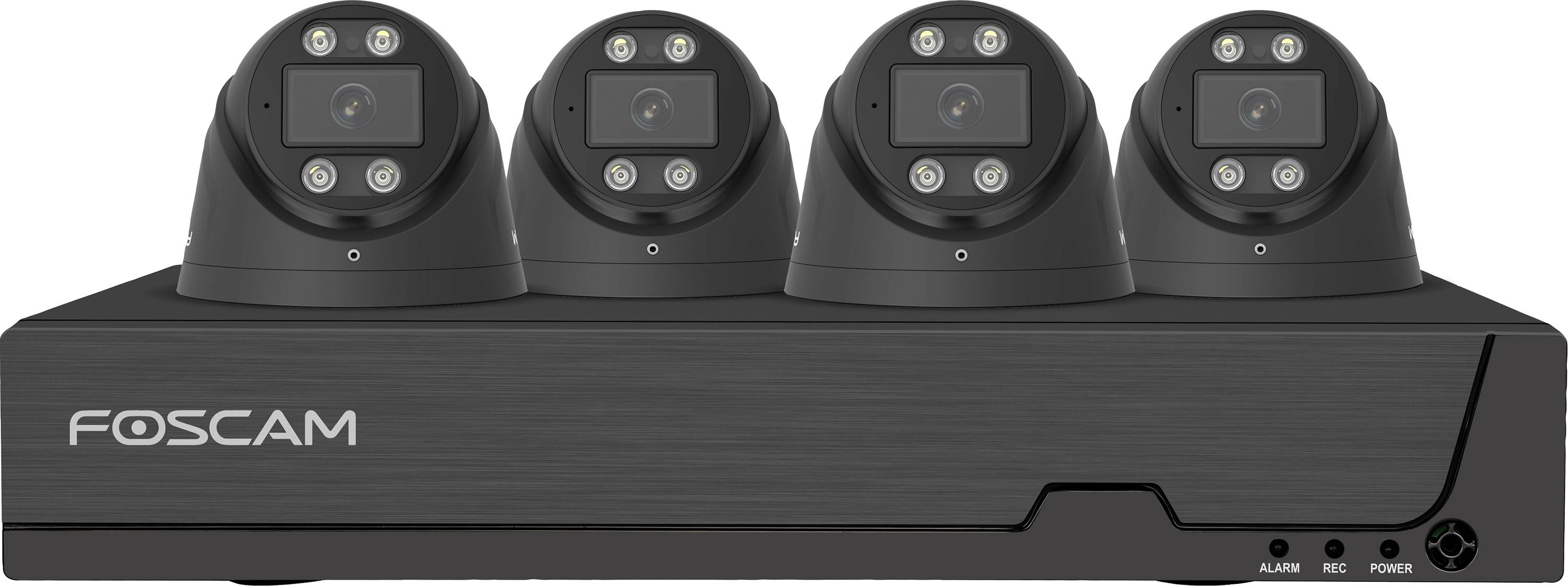 Un ensemble de caméras de surveillance Foscam comprenant quatre caméras dôme sombres installées sur une station de base à des fins de sécurité.