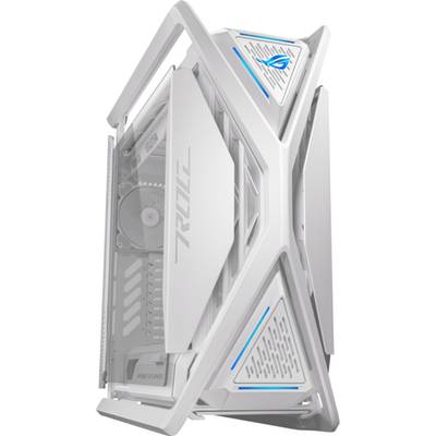 Tour d'ordinateur au design moderne et futuriste, avec des accents blancs et bleus, un ventilateur visible et un panneau latéral transparent.