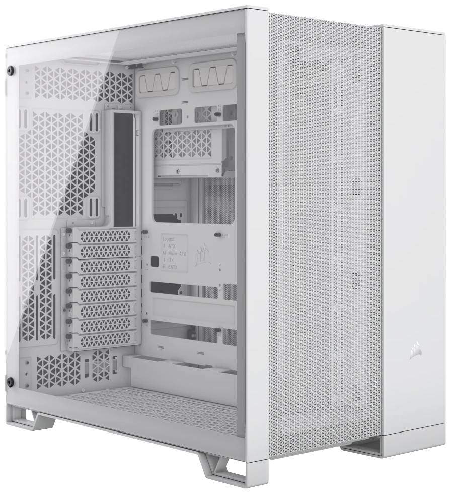 Un boîtier PC moderne, vide, de couleur blanche avec un panneau latéral en verre et plusieurs ouvertures de ventilation, adapté à l'installation de composants informatiques.