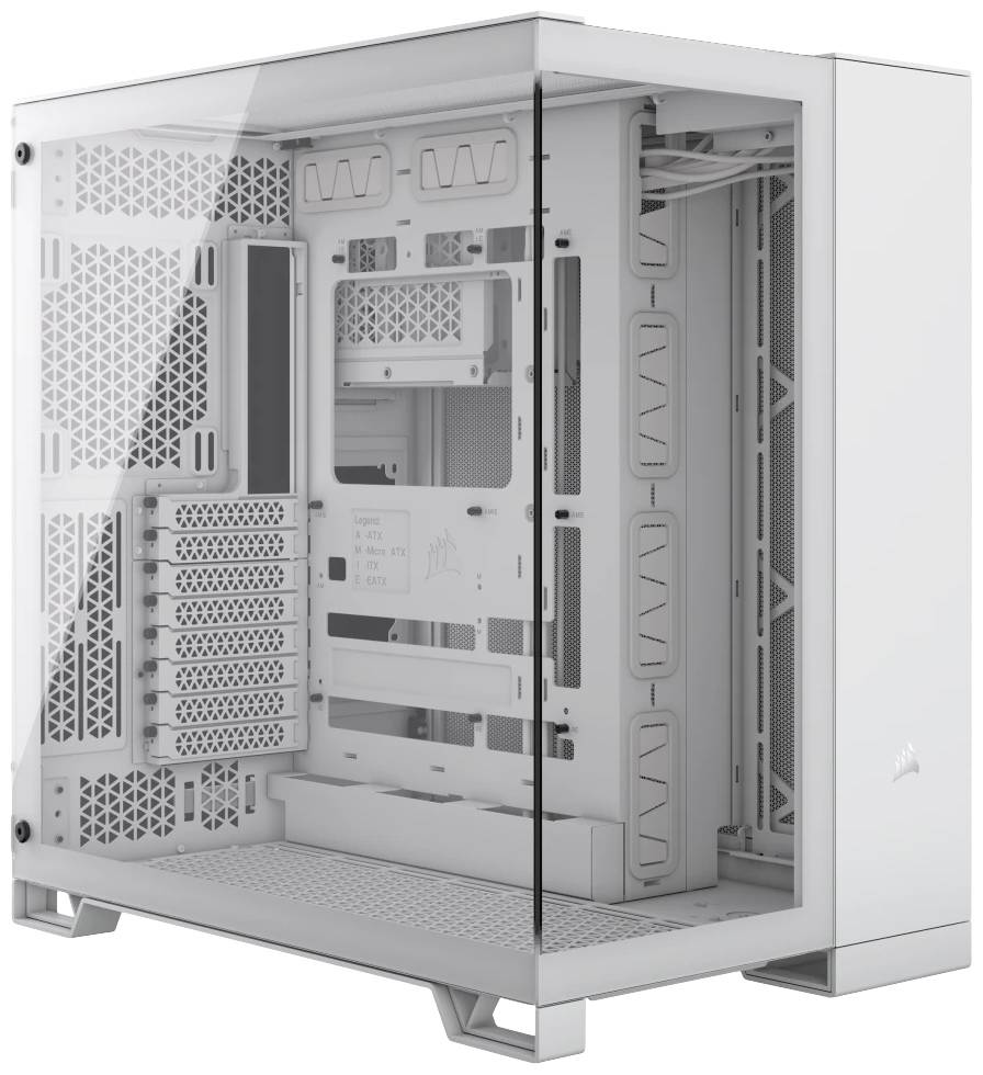 Un boîtier d'ordinateur blanc avec une fenêtre latérale transparente, révélant l'intérieur avec différents compartiments et supports.