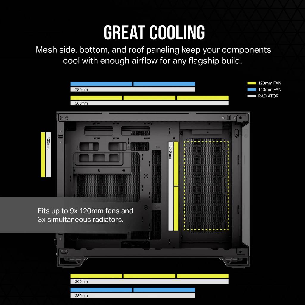 Corsair 2500X, Midi Tower, PC, Noir, ATX, Plastique, Acier, Verre trempé, 18 cm-9