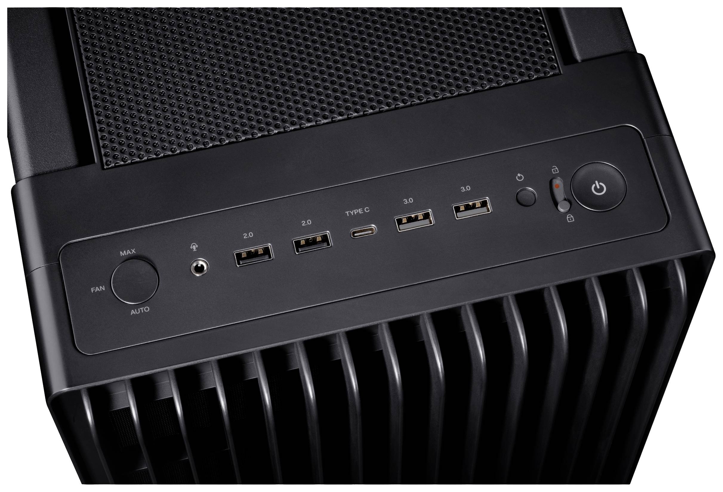 Vue rapprochée du dessus d'un boîtier d'ordinateur noir avec commande de ventilateurs, ports USB, interrupteur d'alimentation et grille de ventilation.