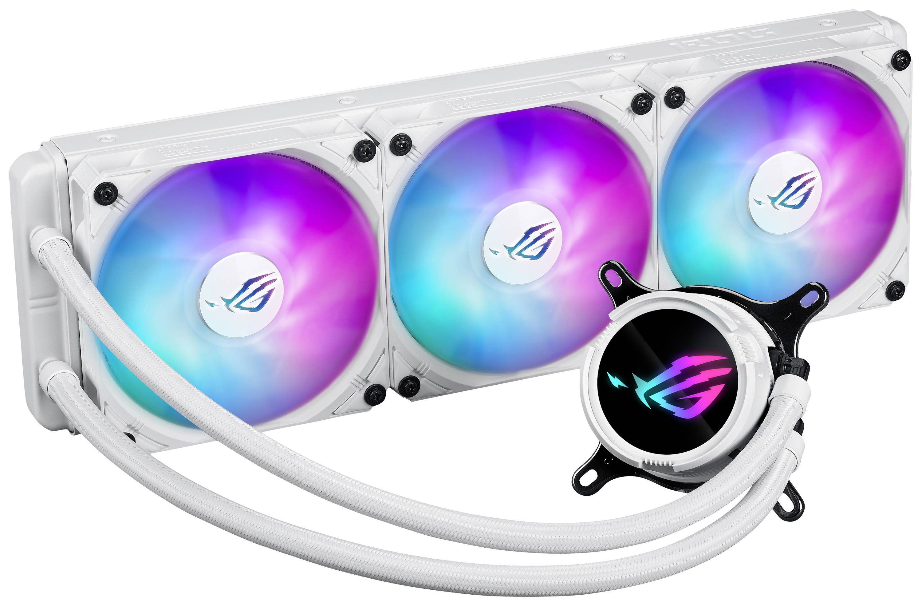 Système de refroidissement à eau avec trois ventilateurs aux couleurs vives et un logo central. Adapté aux PC gaming pour un refroidissement efficace.