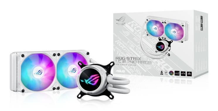 Un système de refroidissement à liquide pour CPU ASUS ROG Strix LC II 240 RGB en blanc, avec deux ventilateurs rétroéclairés. Emballage en arrière-plan.