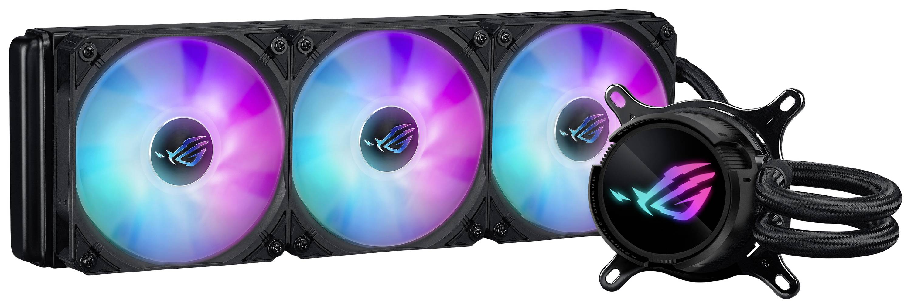 Ventilateur de radiateur RGB triple couleur avec refroidisseur circulaire, contribuant au refroidissement des composants électroniques.