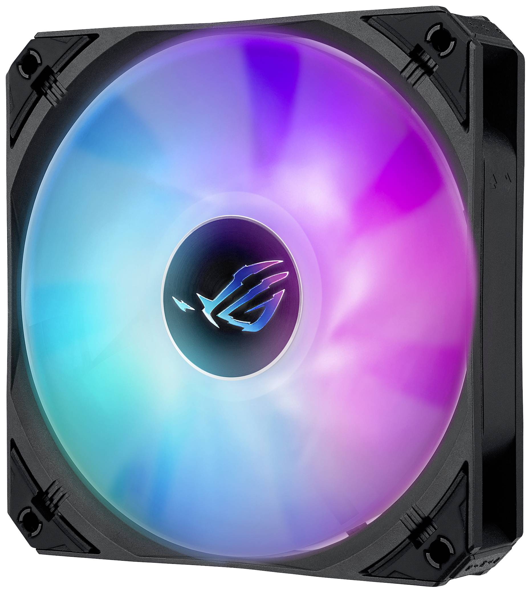 Ventilateur d'ordinateur avec des lumières LED colorées qui brillent dans un dégradé allant du bleu au rose.