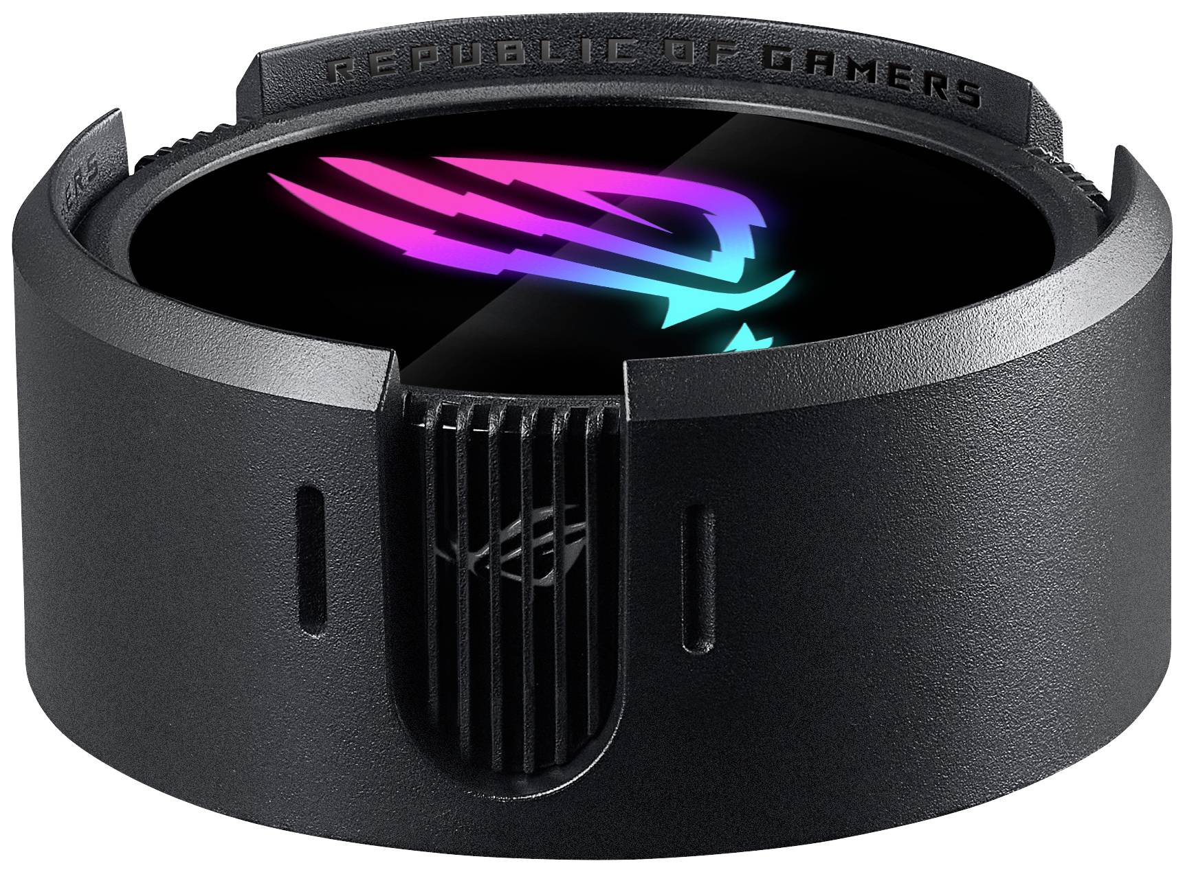 Support rond noir avec un logo lumineux et coloré sur le dessus. Inscription « Republic of Gamers ».