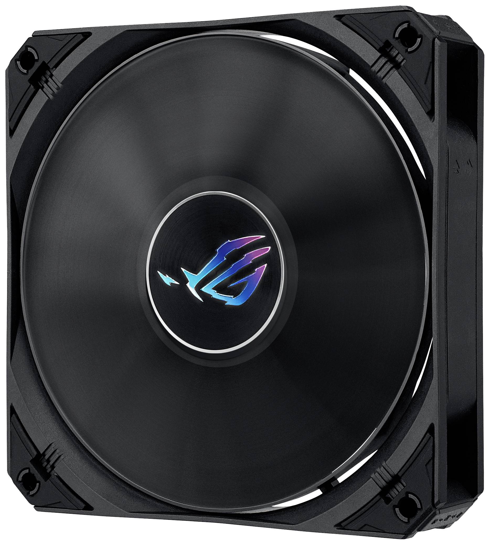 Ventilateur d'ordinateur noir en mouvement avec un logo lumineux au centre.