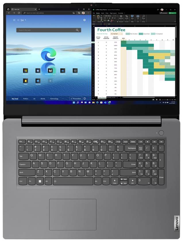 Un ordinateur portable affiche deux fenêtres ouvertes : à gauche un navigateur avec le logo Edge, à droite un tableau avec des données color-codées de "Fourth Coffee".